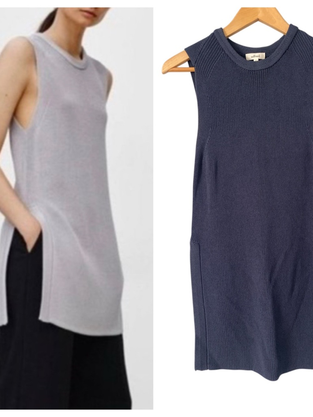 Wilfred Sleeveless Rib-Knit Dusty Blue Open Side Slits Tunic Top S